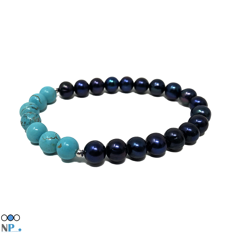 Bracelet de perles de culture d'eau douce noires bleue nuit et authentique turquoise du perou
